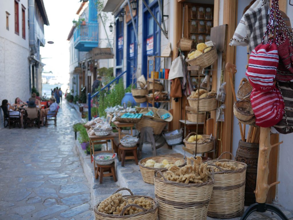 Food stores on the streets of Hydra island, Greece