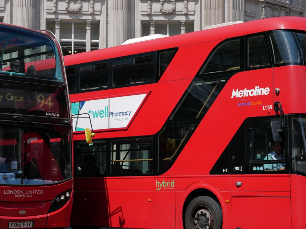 Red London double-decker buses.