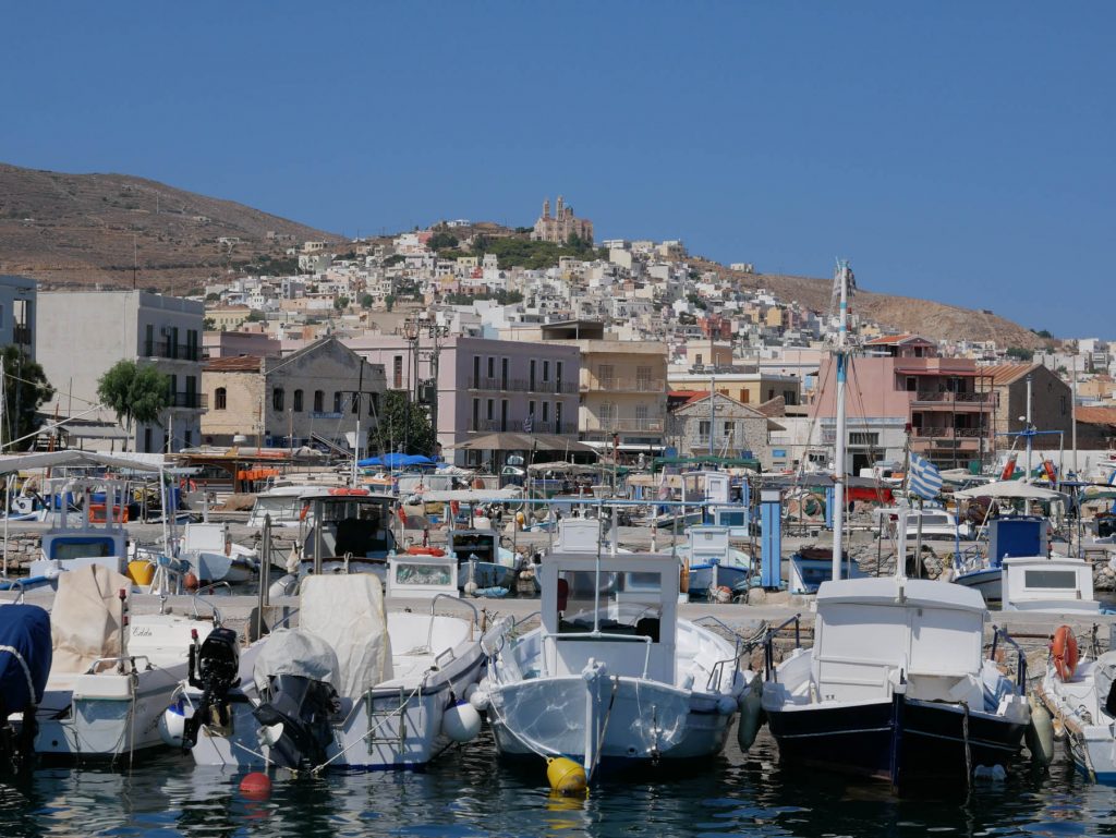 the view of Syros town from its shipyard