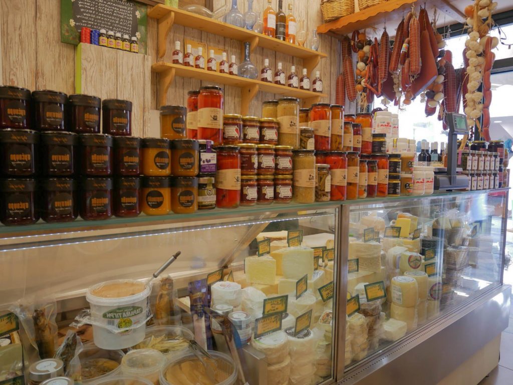 Cheese and jams at Prekas traditional foodstore, Syros island, Greece