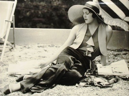 Lady in beach pajama by Jean Patou.