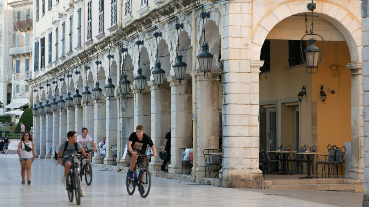 Kids cycling on Spianada Corfu